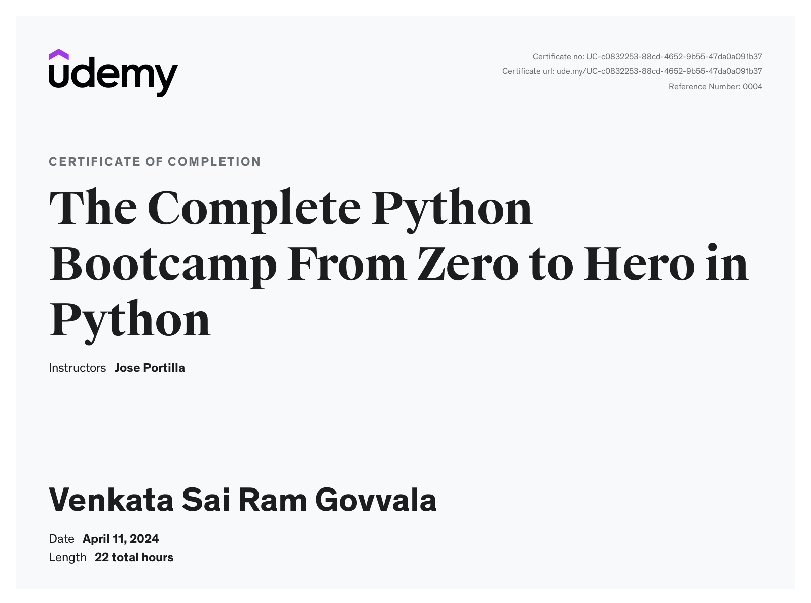 Python Zero to Hero Certificate